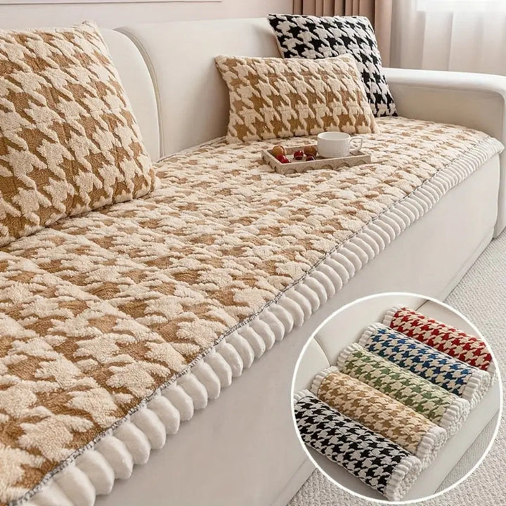 BowLift | Colourful Plush Houndstooth Sofa Cover and Cushion Cover