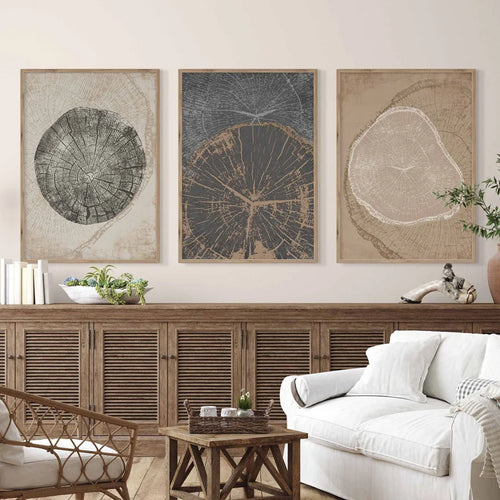Rustic Tree Rings Abstract Nordic Wall Art Fine Art Canvas Prints Neutral Tones Beige/Gray/Black Wood Pictures For Living Room Dining Room Art Decor | Bowlift