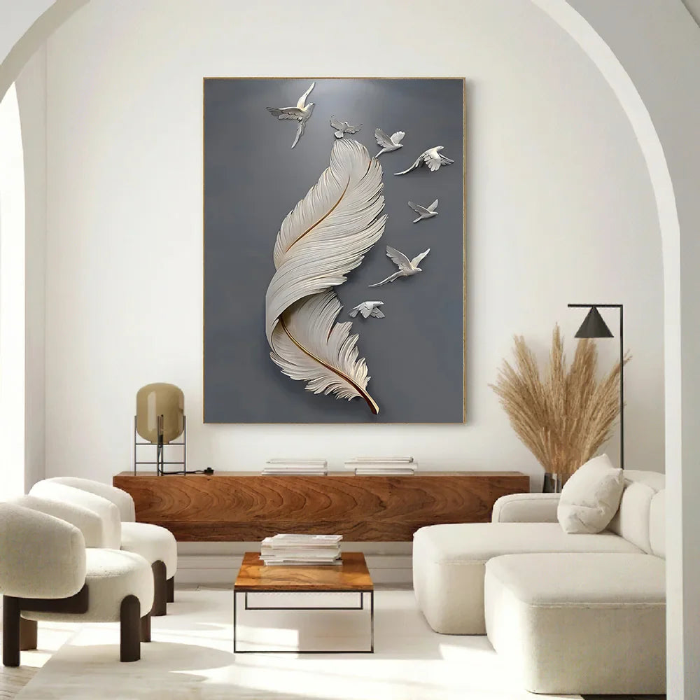Seven Birds Feather Wall Art Fine Art Canvas Prints 3d Visualization Minimalist Abstract Pictures For Living Room Entranceway, Foyer Art Decor | Bowlift