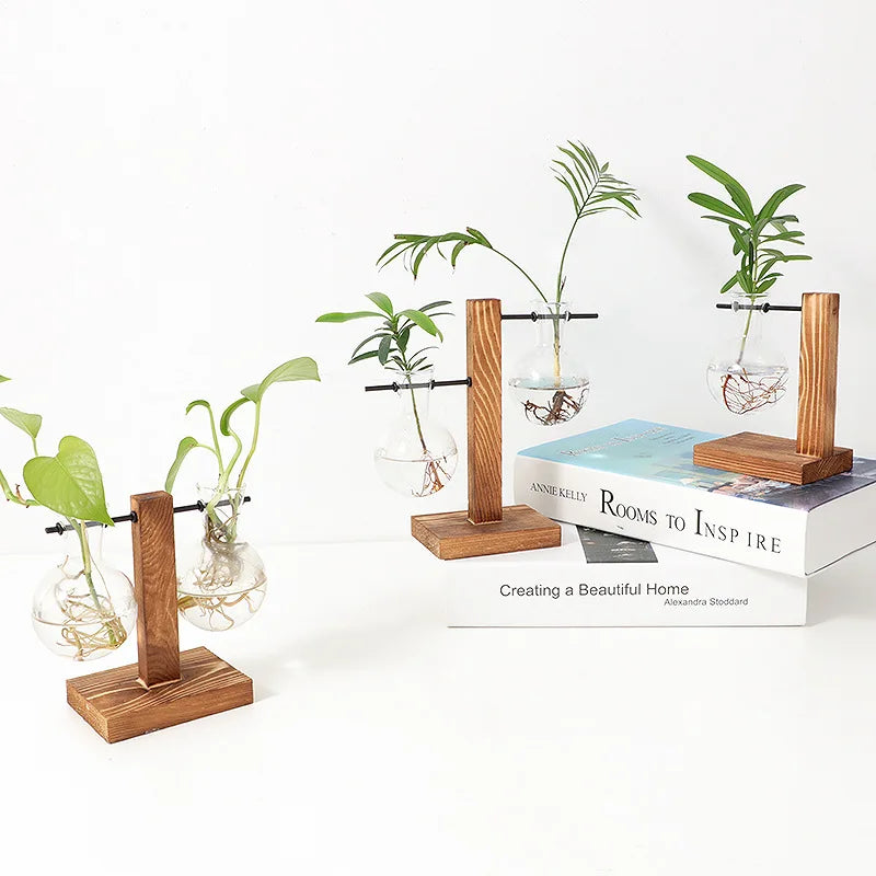 BowLift | Naturiva Design Glass Vase with Wooden Frame | For Cut Flowers & Hydroponics | Scandinavian Style | 3-Piece Set