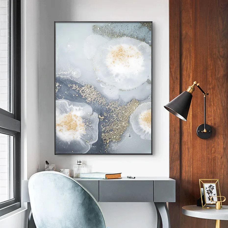 Blue White Golden Abstract Floral Wall Art Fine Art Canvas Prints Poster Picture For Modern Living Room Bedroom Nordic Home Decor | Bowlift