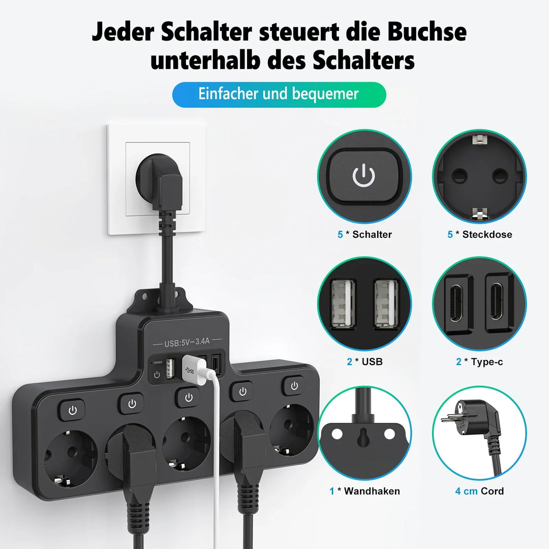 BowLift | Voltaro Pro 9-in-1 | Power Strip EU | 5 AC Outlets + 4 USB (2× Type-C) | Individual Switch | 16A | Short Cable 10 cm