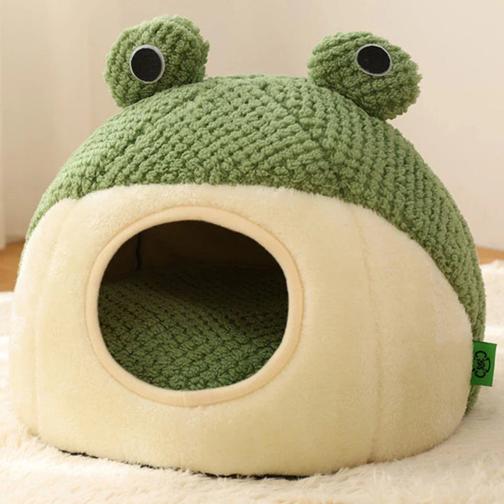 BowLift | Pet Cave FroggiHome | Plush Frog Design | Semi-Closed & Round | 40–50 cm | For Cats & Small Dogs