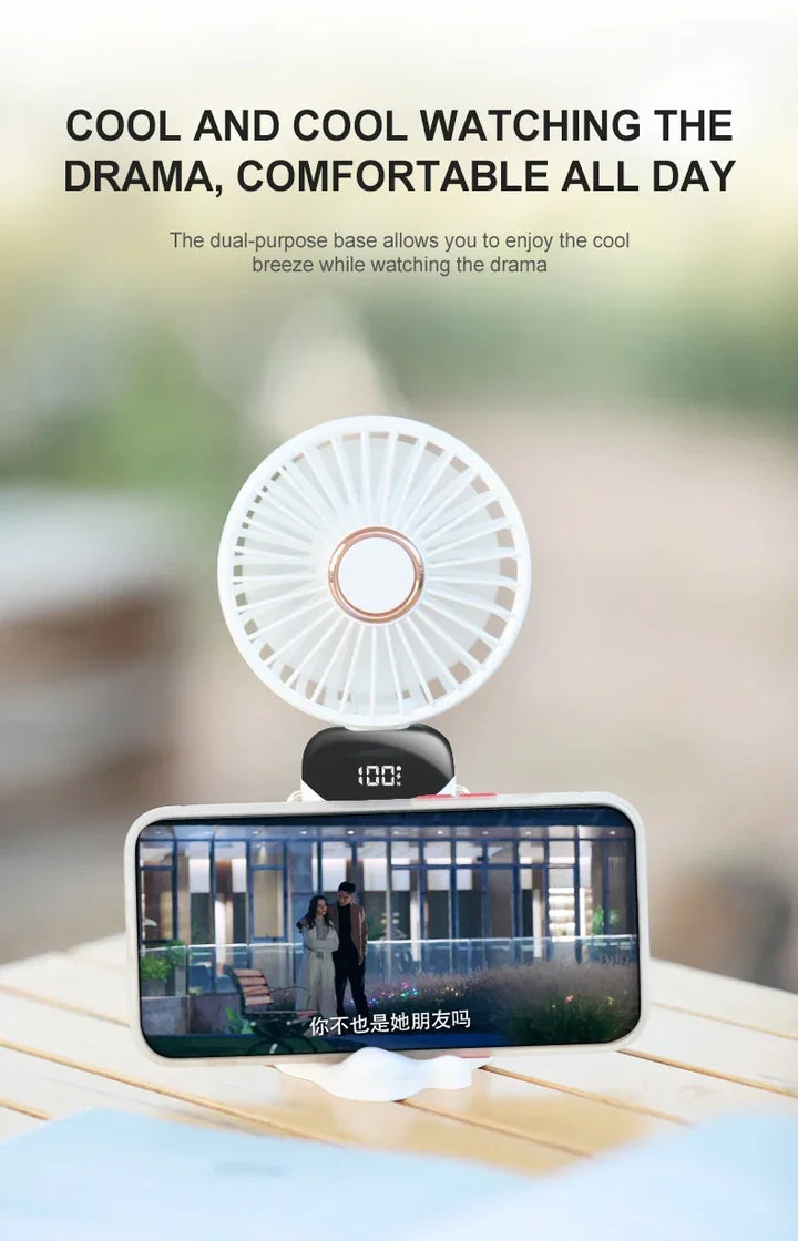5000mAh Handheld Mini Fan – Wireless USB Rechargeable Portable Fan with Digital Display, Phone Holder, 5-Speed Foldable Neck Hanging Fan | Bowlift