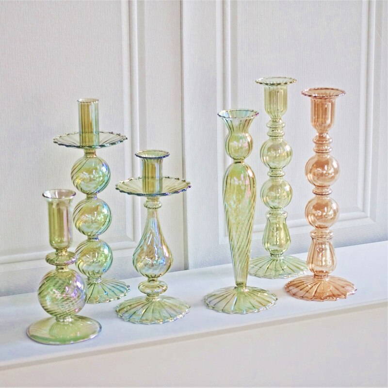 Ribbed Glass Candle Holders - Green | Bowlift