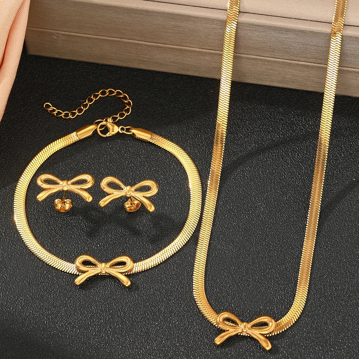 BowLift | Feminine Bow Herringbone Chain Necklace, Bracelet, and Earring Set