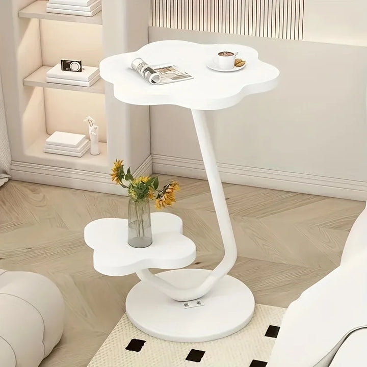 BowLift | Cream-colored Flower-shaped Side Table with Double Storage Layers and Metal Frame