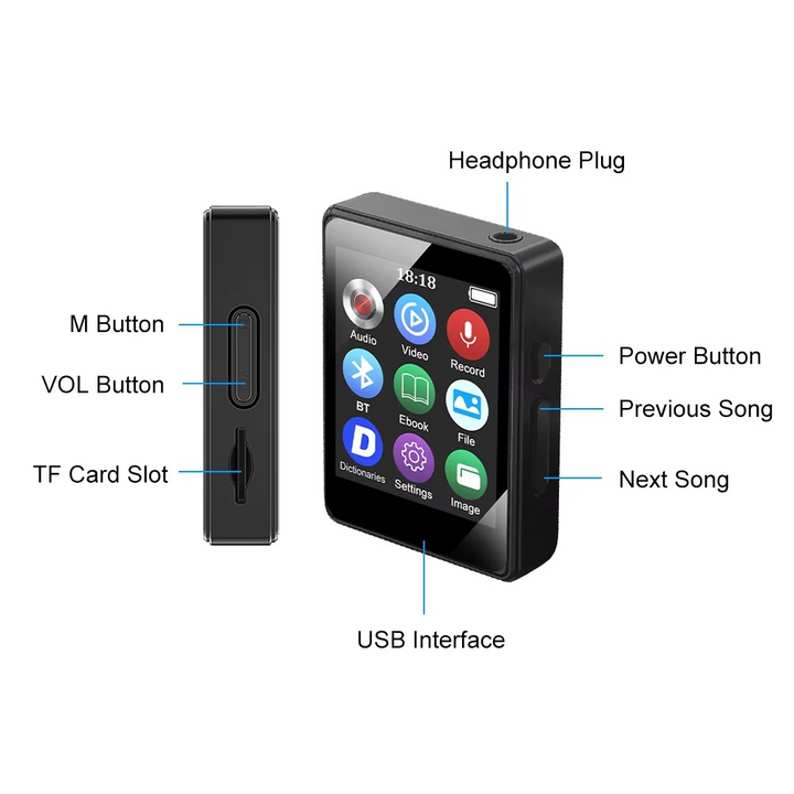 BowLift | Portable Bluetooth MP3 Player with HiFi Stereo, Mini MP4 Video Playback, LED Screen and Voice Recording
