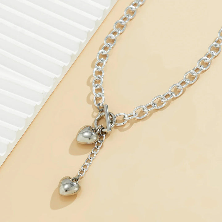 BowLift | Bold Chunky Chain Link Dual Heart Lariat Necklace & Bracelet