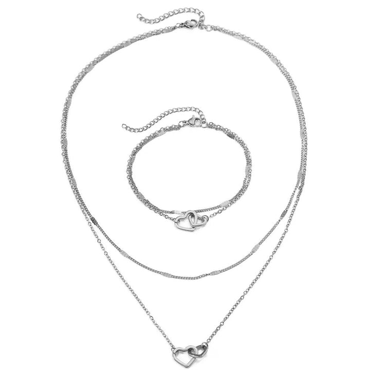 BowLift | Dainty Curb & Chain Link Dual Heart Necklace and Bracelet Set