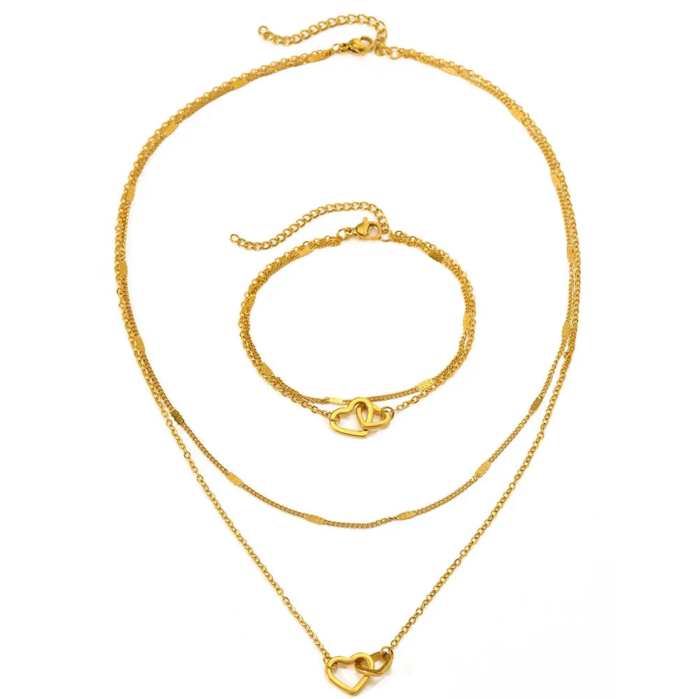 BowLift | Dainty Curb & Chain Link Dual Heart Necklace and Bracelet Set