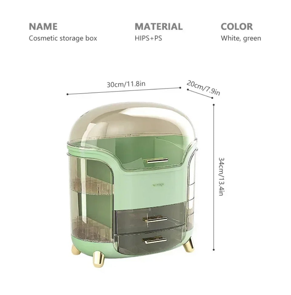 Luxury transparent makeup organizer with rotating doors and drawers | Bowlift