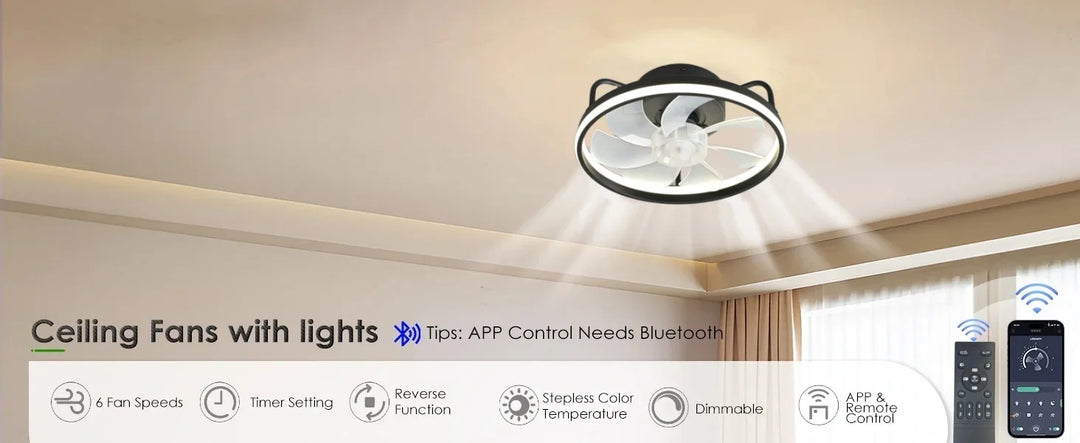 Modern LED Ceiling Fan Light with DC Motor - 6 Speed, Timer, Low Floor Attic Fan, Remote Control Decorative Light | Bowlift