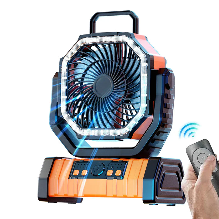 20000mAh Portable Rechargeable Fan — Battery-Operated Desk & Camping Fan with LED Light & Hook for Tent, Car, and Outdoor Trips | Bowlift