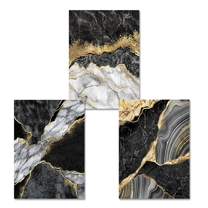 Modern Abstract Black Gray Golden Geode Marble Print Wall Art Fine Art Canvas Prints Pictures For Luxury Apartment Living Room Home Office Decor | Bowlift