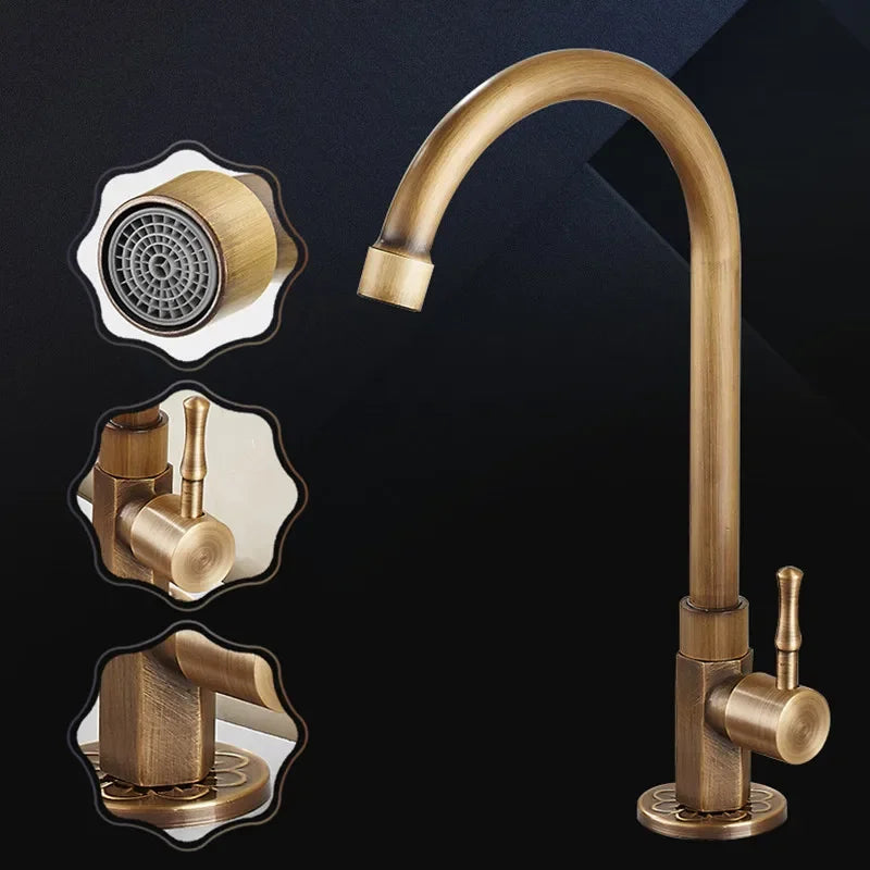 BowLift | Swan Neck Kitchen Faucet - Timeless Antique Brass Kitchen Faucet with Swan Neck Design