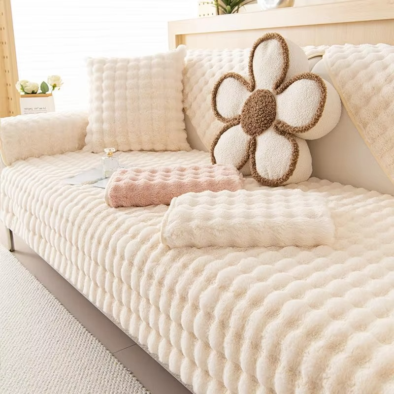 BowLift | Plush Bubble-Textured Faux Rabbit Fur Sofa Slipcover - Non-Slip Couch Cushion Cover for Living Room