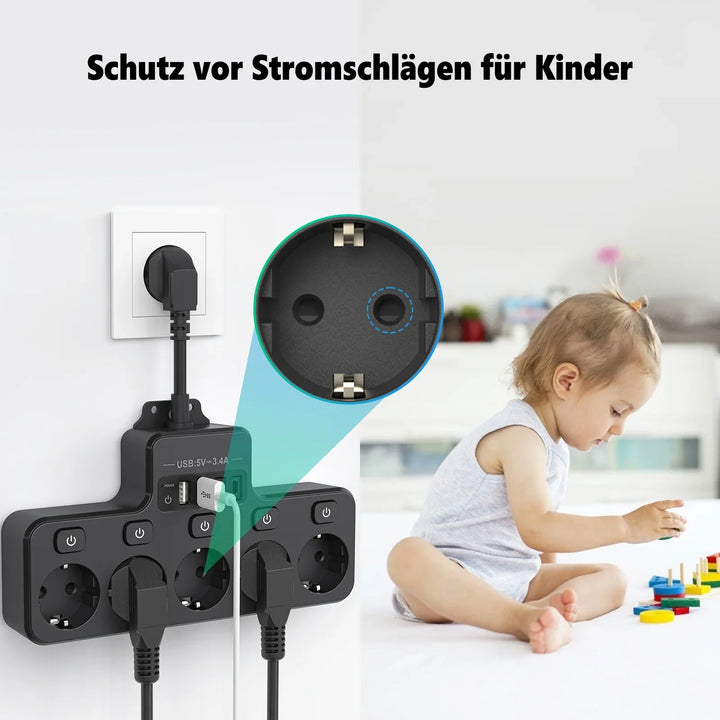 BowLift | Voltaro Pro 9-in-1 | Power Strip EU | 5 AC Outlets + 4 USB (2× Type-C) | Individual Switch | 16A | Short Cable 10 cm
