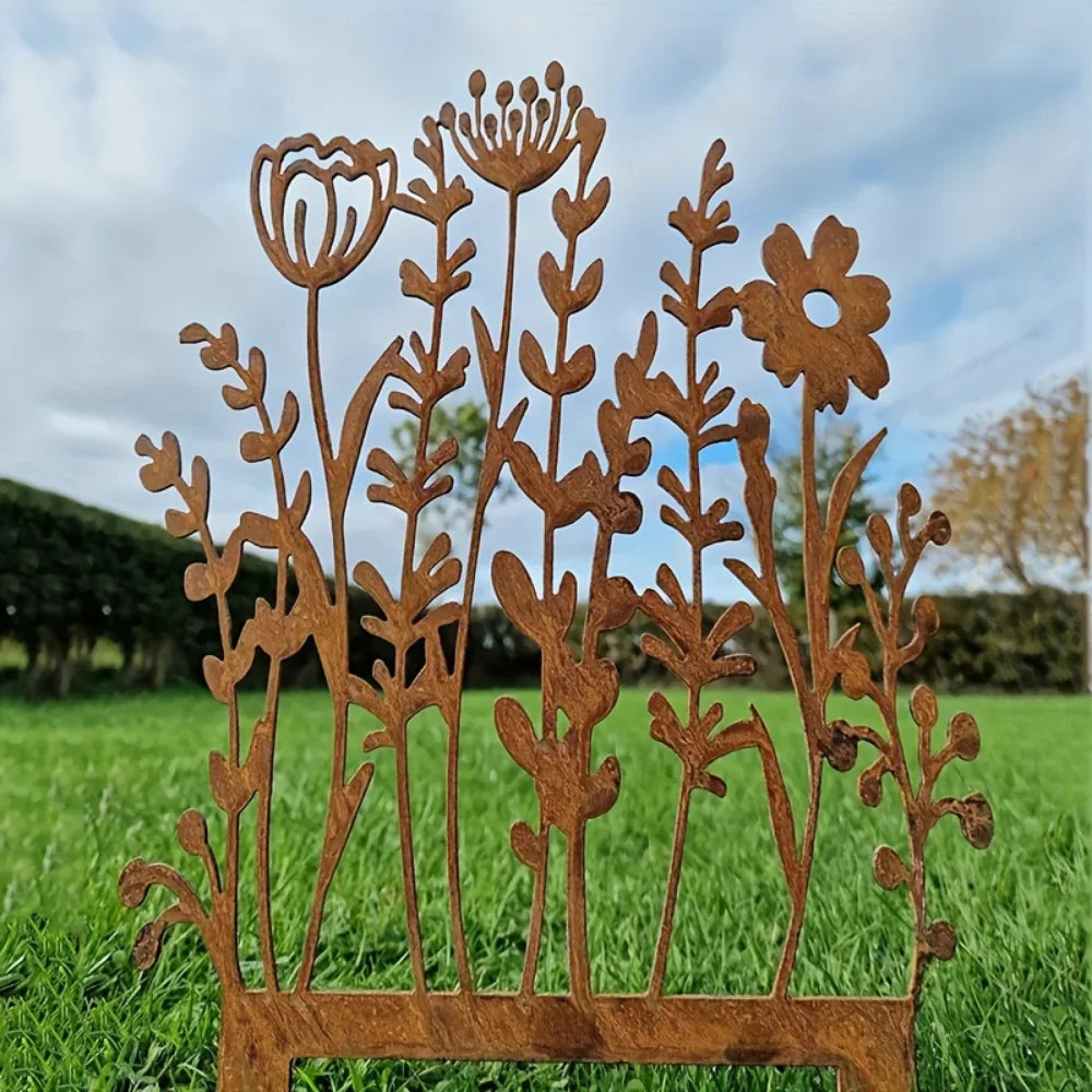 BowLift | FLORAVINTA Metal Garden Stake Wildflower | Rust Look Vintage Yellow | For Beds, Pots & Walls | Handcrafted Country Style