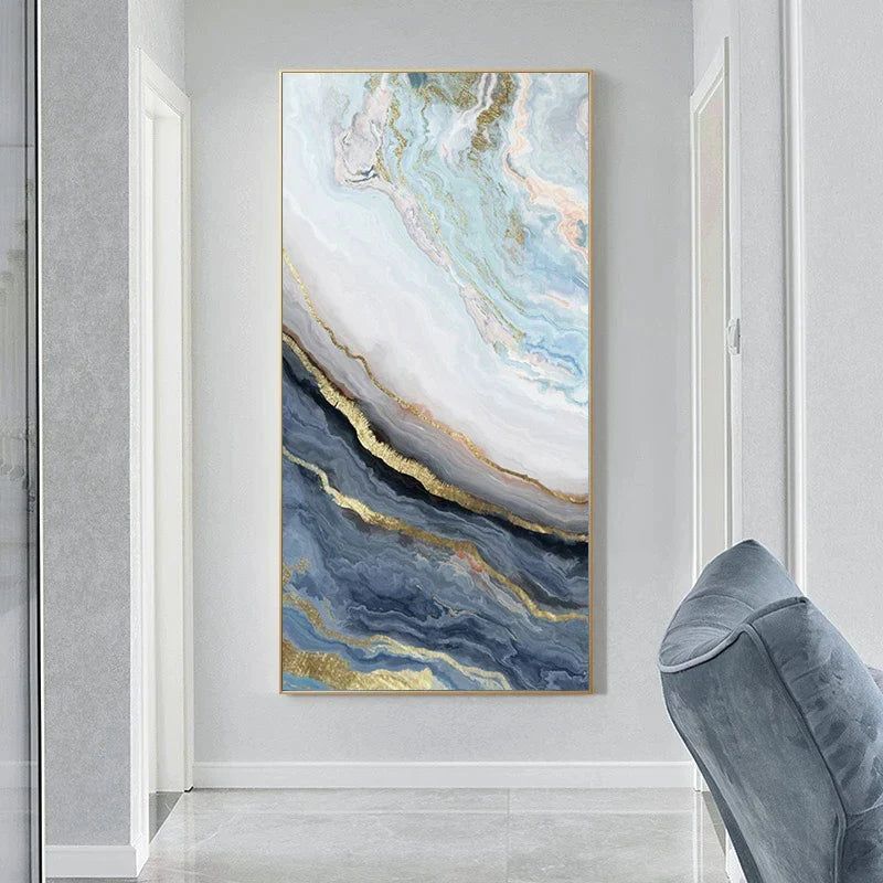 Blue Golden Liquid Marble Essence Wall Art Fine Art Canvas Prints Pictures For Modern Apartment Luxury Living Room Art Decor | Bowlift