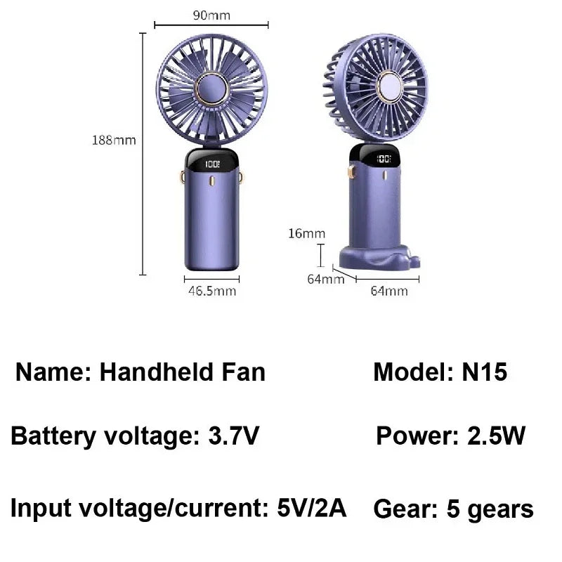 Handheld Mini Fan – 3000mAh Foldable Portable Desk & Neck Hanging Fan with 5 Speeds, USB Rechargeable & Phone Stand Display | Bowlift
