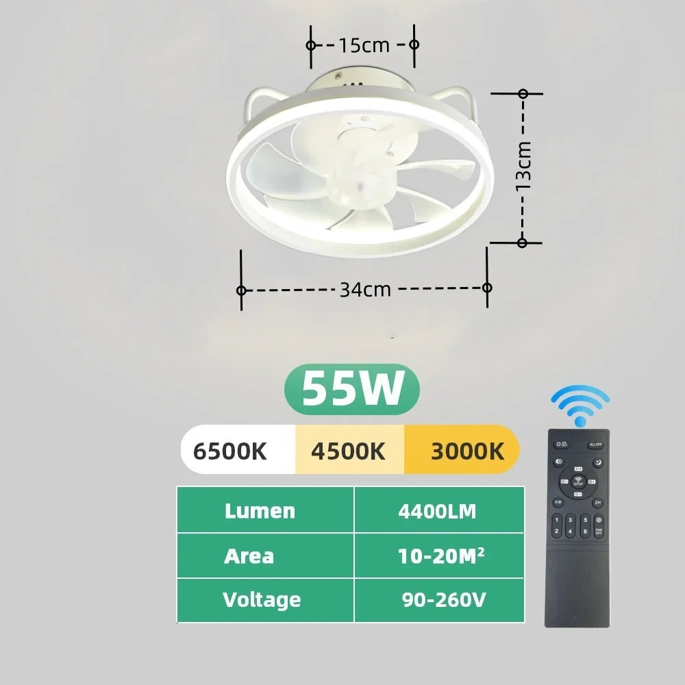 Modern LED Ceiling Fan Light with DC Motor - 6 Speed, Timer, Low Floor Attic Fan, Remote Control Decorative Light | Bowlift