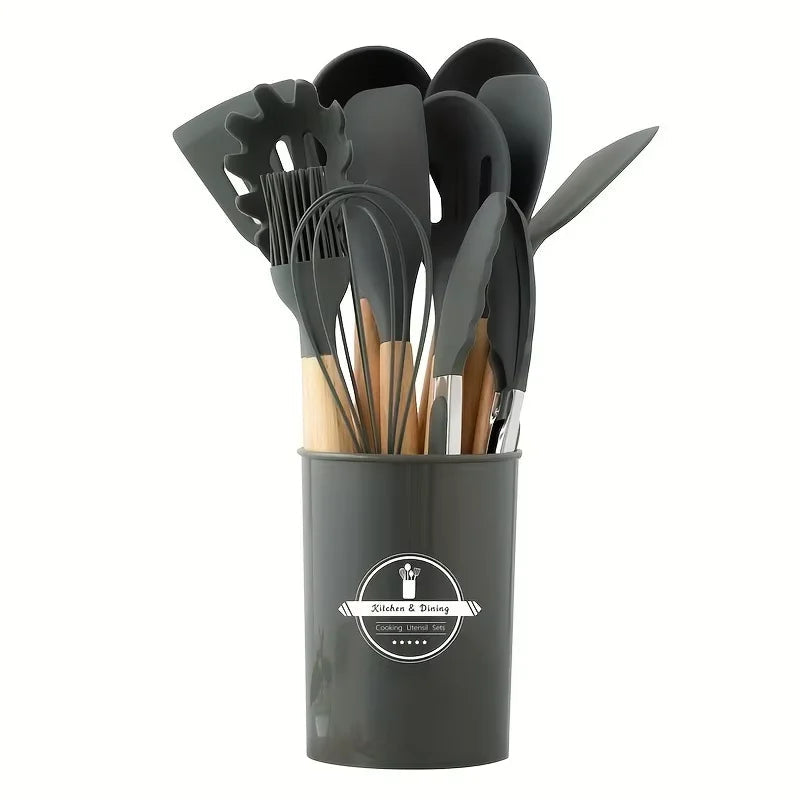 12-piece silicone cooking utensils set with wooden handles | Bowlift