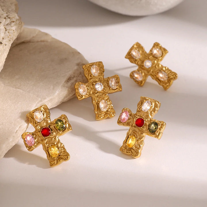 BowLift | 18k Textured Oval Diamond Cross Earrings