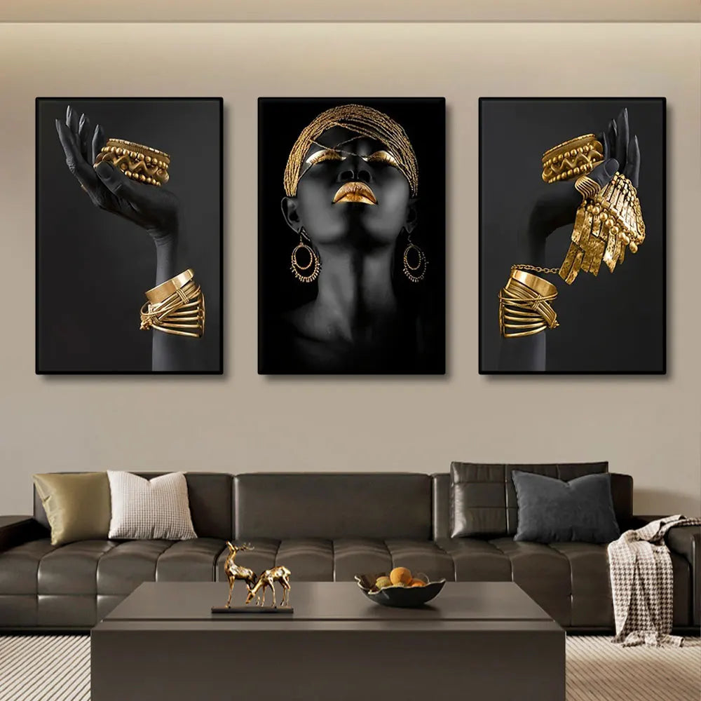 Set of 3Pcs Black Golden Woman Portrait Wall Art Fine Art Canvas Prints Pictures For Luxury Living Room Dining Room Home Office Decor | Bowlift