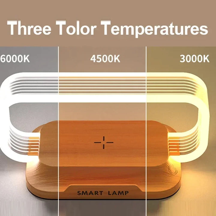 BowLift | LumiCharge Touch | LED Table Lamp with Wireless Charger | Dimmable & Touch Control | Qi Fast Charging Function | Wood Look