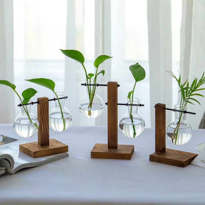 BowLift | Naturiva Design Glass Vase with Wooden Frame | For Cut Flowers & Hydroponics | Scandinavian Style | 3-Piece Set