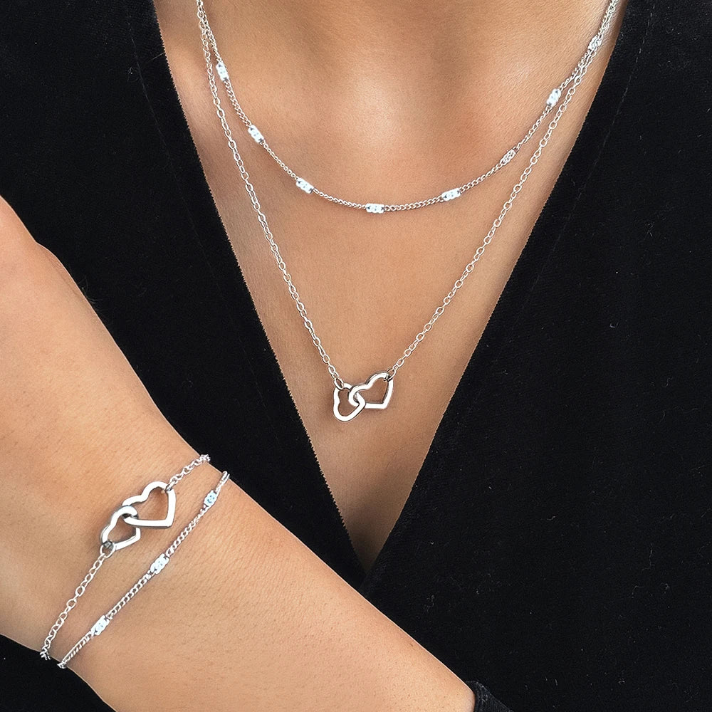 BowLift | Dainty Curb & Chain Link Dual Heart Necklace and Bracelet Set