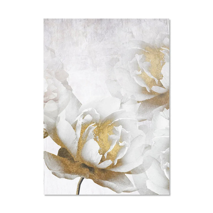 Opulent Blossoms Elegant White Flowers with Gold Accents Canvas Wall Art Fine Art Canvas Prints Posters Floral Pictures For Modern Living Room | Bowlift