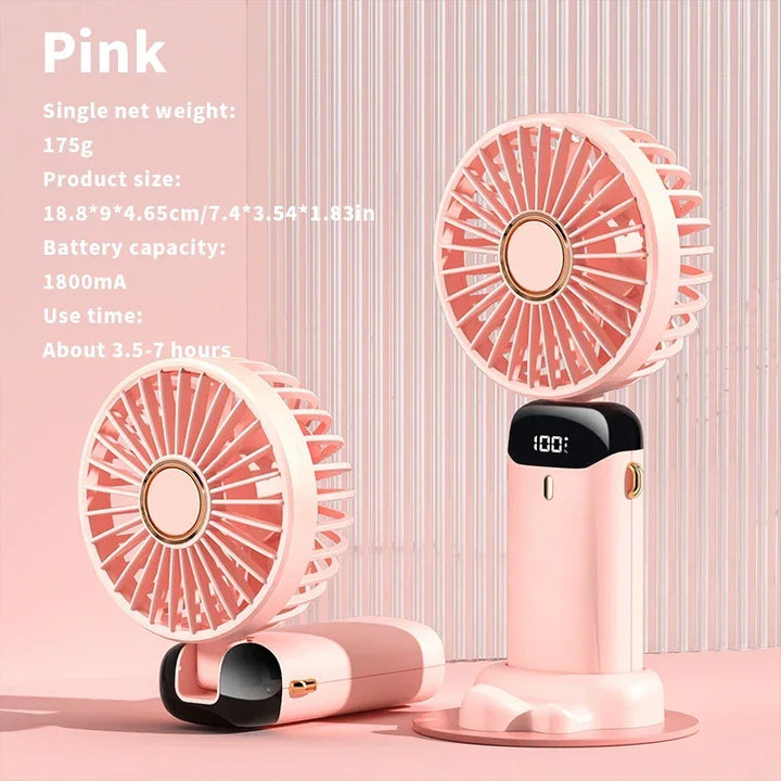 Handheld Mini Fan – 3000mAh Foldable Portable Desk & Neck Hanging Fan with 5 Speeds, USB Rechargeable & Phone Stand Display | Bowlift