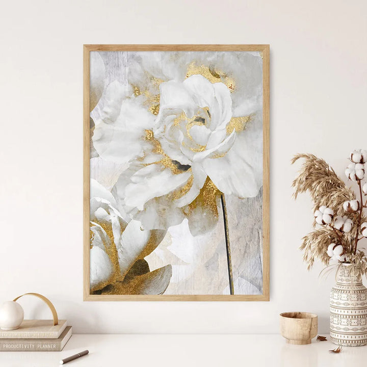 Opulent Blossoms Elegant White Flowers with Gold Accents Canvas Wall Art Fine Art Canvas Prints Posters Floral Pictures For Modern Living Room | Bowlift