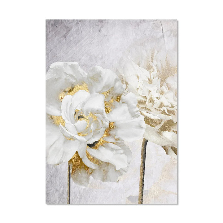 Opulent Blossoms Elegant White Flowers with Gold Accents Canvas Wall Art Fine Art Canvas Prints Posters Floral Pictures For Modern Living Room | Bowlift