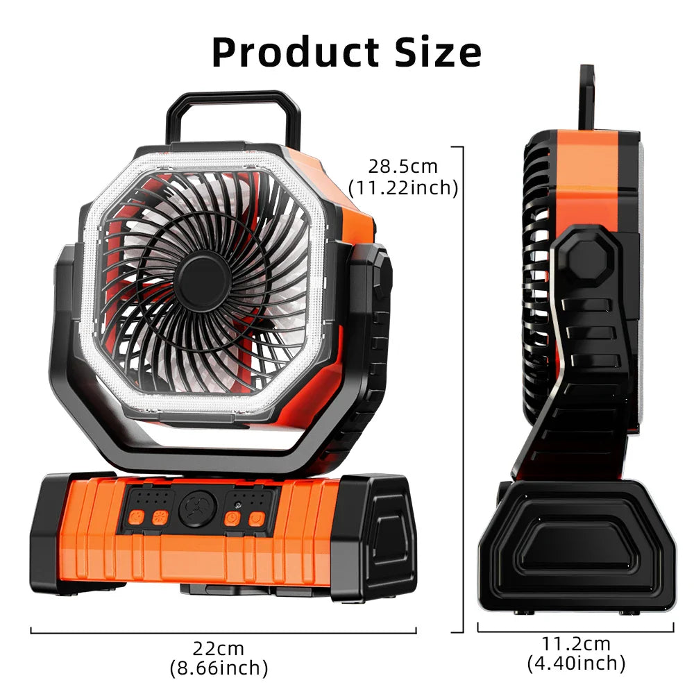 20000mAh Portable Rechargeable Fan — Battery-Operated Desk & Camping Fan with LED Light & Hook for Tent, Car, and Outdoor Trips | Bowlift