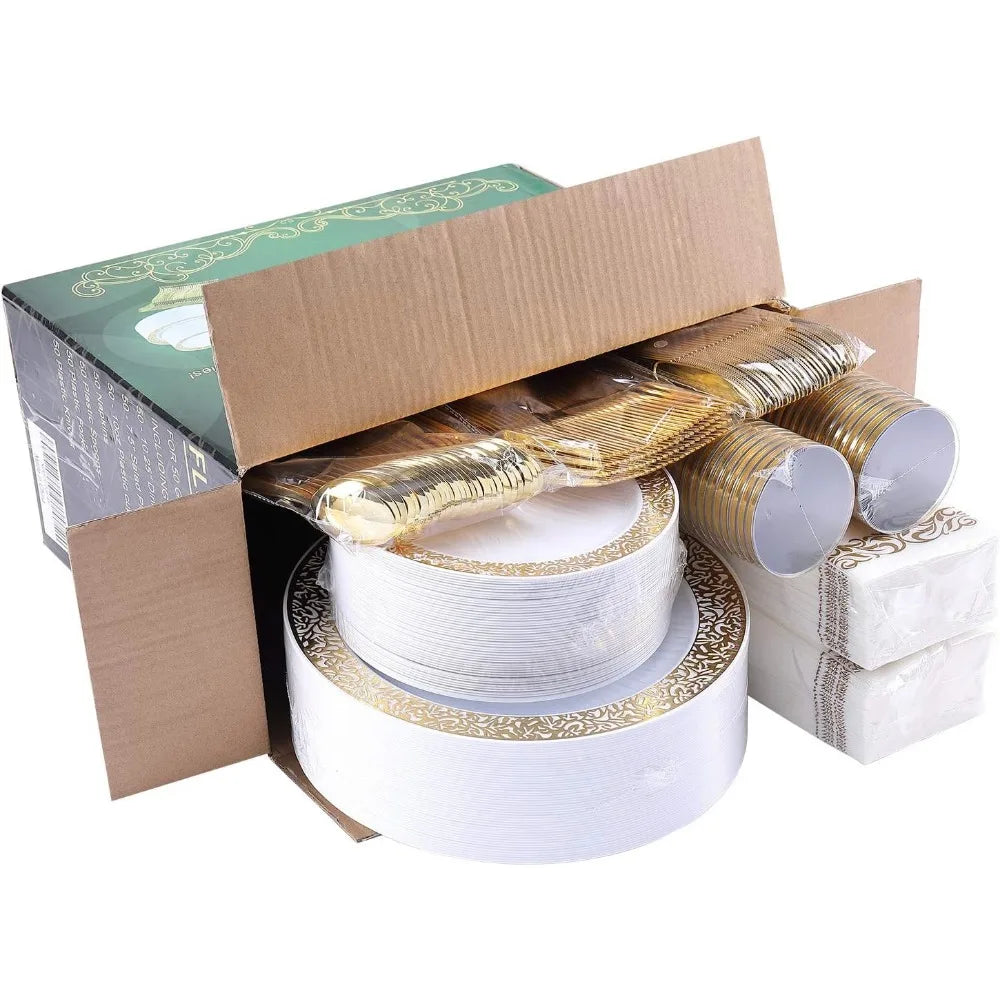 BowLift | 350pcs Disposable Gold Lace Dinnerware Set for 50 Guests