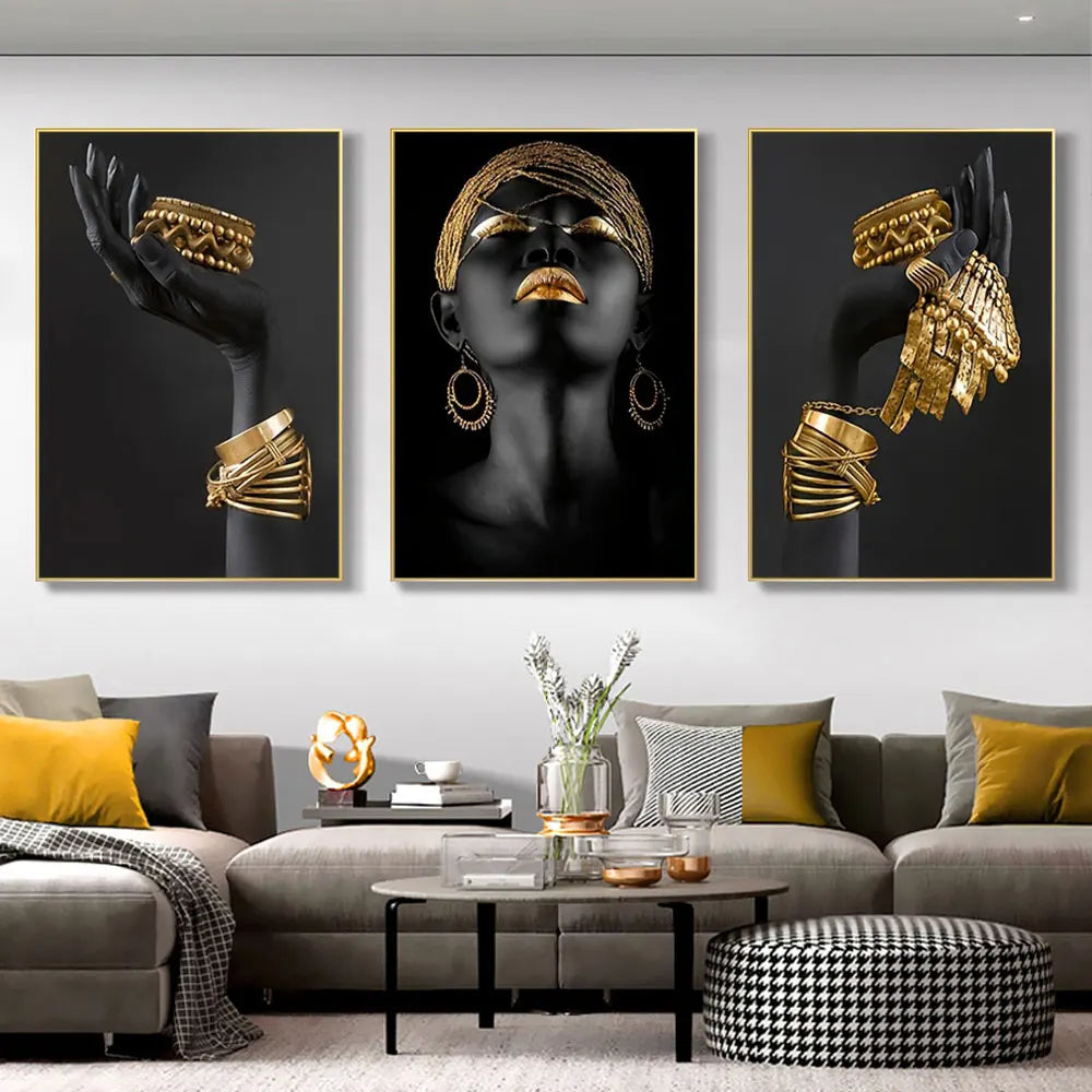 Set of 3Pcs Black Golden Woman Portrait Wall Art Fine Art Canvas Prints Pictures For Luxury Living Room Dining Room Home Office Decor | Bowlift
