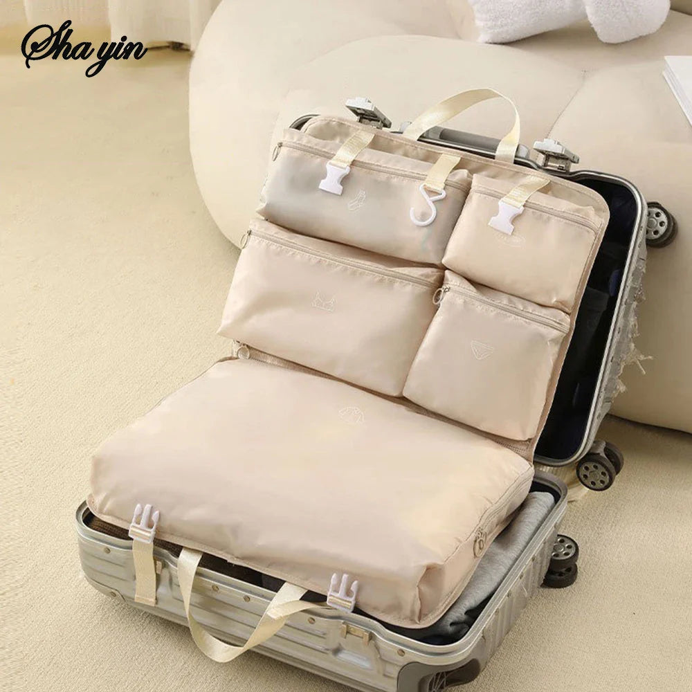 BowLift | Travella 6-in-1 Foldable Travel Storage Bag | Hanging & Portable | Multi Bag for Clothing, Cosmetics & Accessories | Gray/Beige/Pink