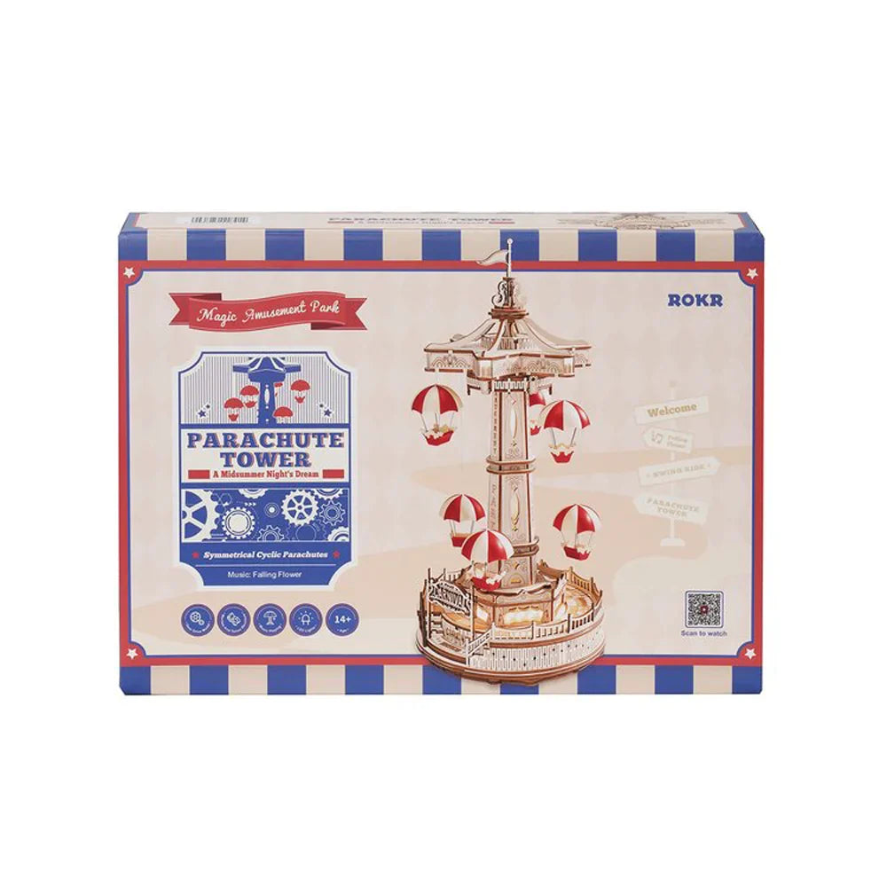 BowLift | ROKR Parachute Tower Music Box | 3D Wooden Puzzle with Movement & Light | DIY Kit 184 Pieces | Magical Carnival for Kids & Adults