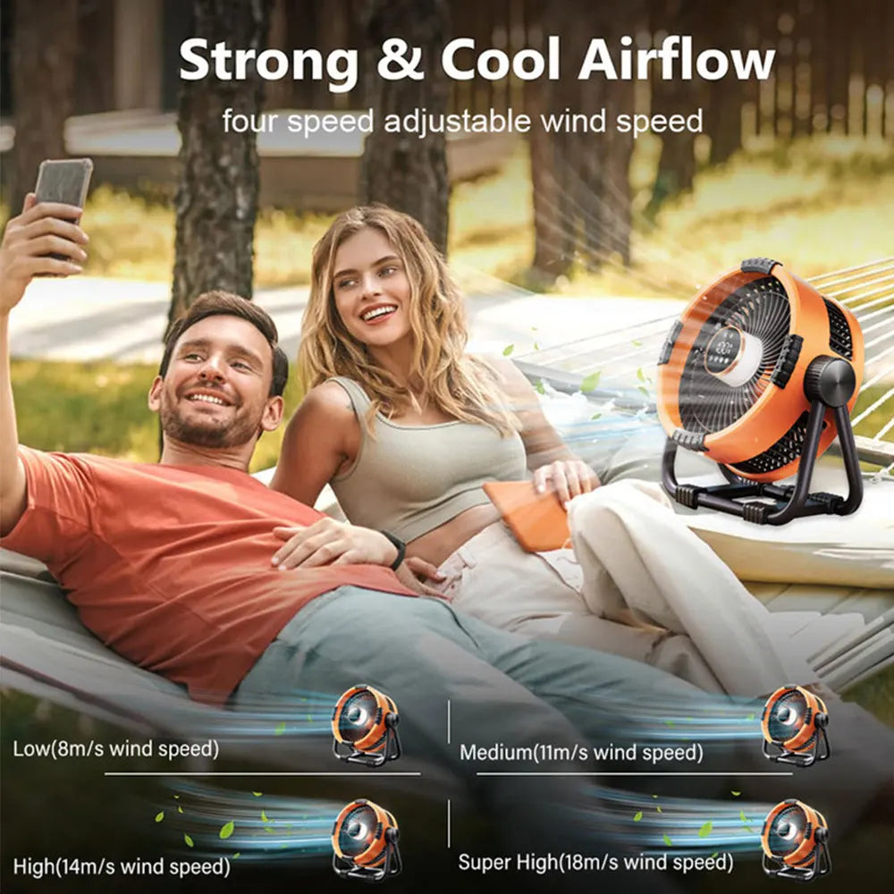 Camping Fan with 20,000mAh Battery, LED Light & Remote Control – WindMate | Bowlift