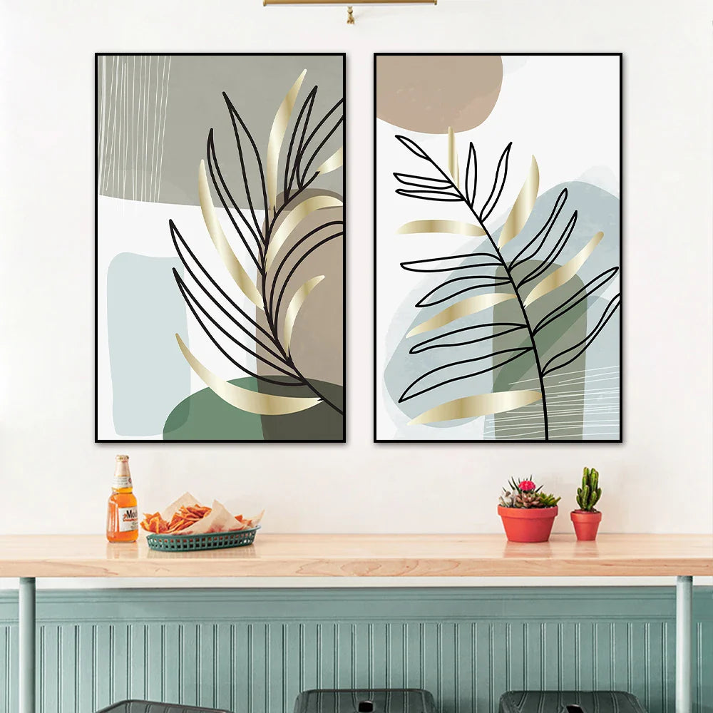 Set of 2PCS Botanical Abstract Line Art Leaves Wall Art Fine Art Canvas Prints Simple Nordic Pictures For Living Room Decor | Bowlift