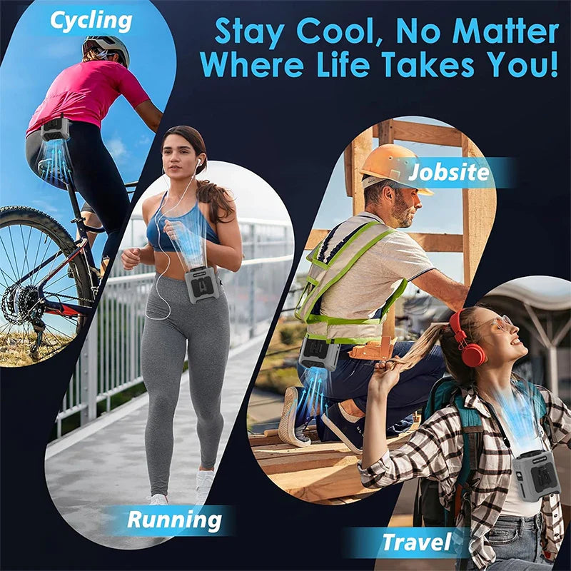 10000mAh Waist Clip Fan with Power Bank – Portable Hands-Free Rechargeable Fan | 5-Speed Cooling, Battery Display, USB Charging, Outdoor Wearable Fan | Bowlift