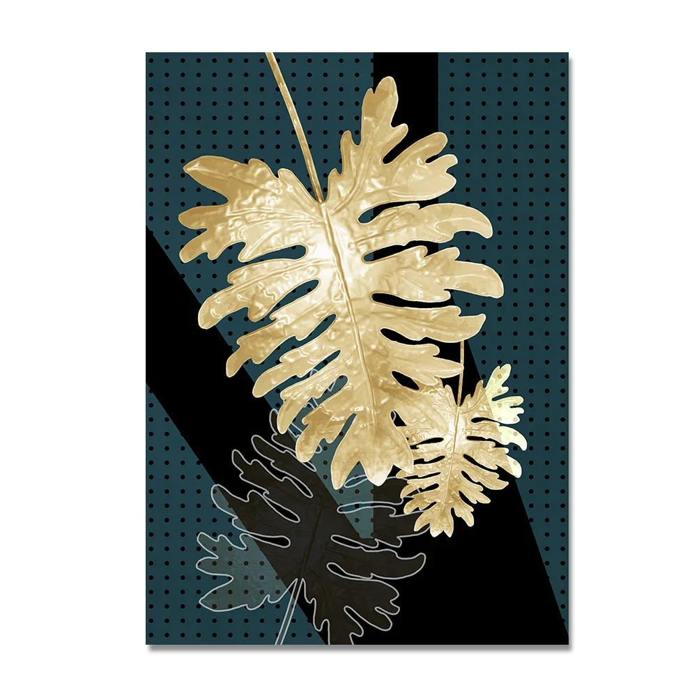 Set of 3Pcs Golden Leaf Wall Art Minimalist Nordic Tropical Plants Fine Art Canvas Prints Pictures For Living Room Dining Room Art Decor | Bowlift