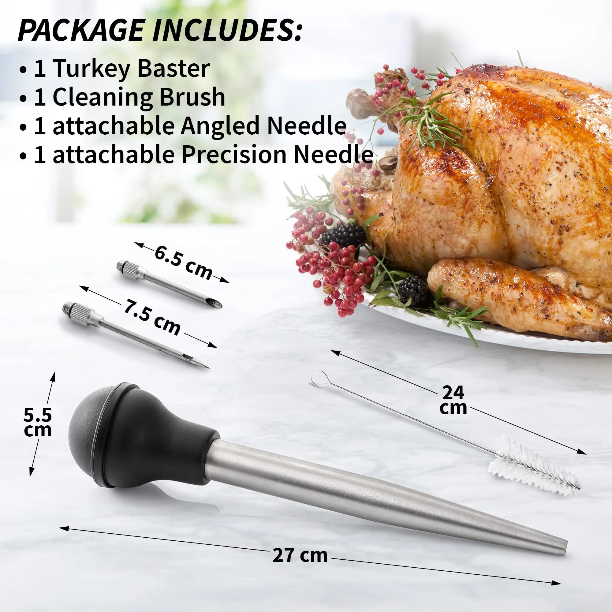 BowLift | Flavora Marinade Injector | With 2 Needles & Cleaning Brush | For Liquid & Thick Marinades | Stainless Steel & Silicone