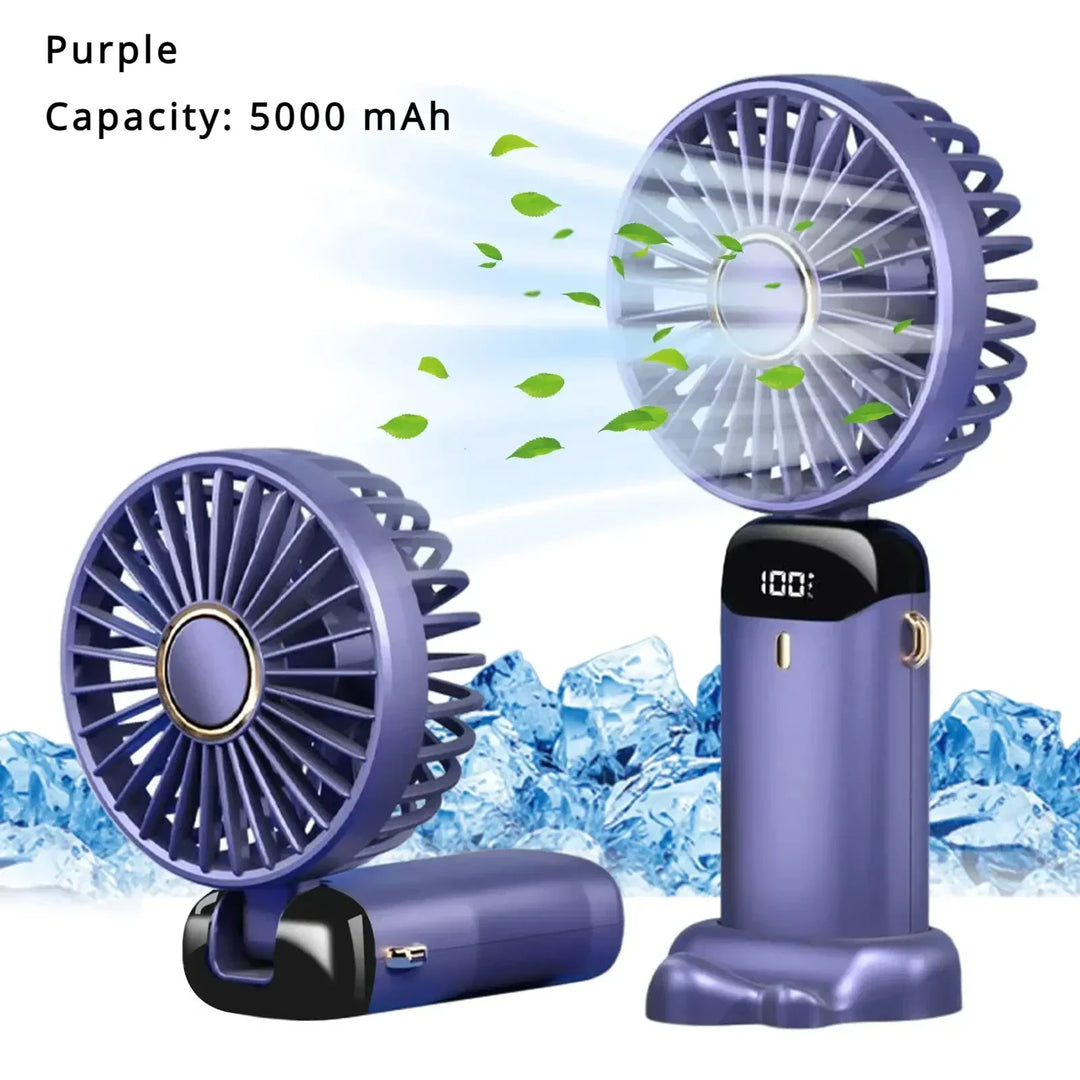 5000mAh Handheld Mini Fan – Wireless USB Rechargeable Portable Fan with Digital Display, Phone Holder, 5-Speed Foldable Neck Hanging Fan | Bowlift
