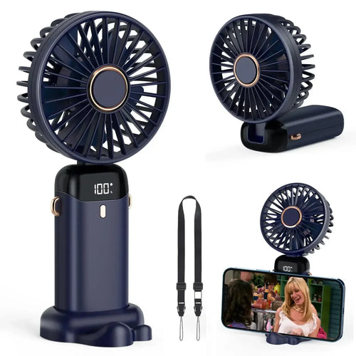 5000mAh Handheld Mini Fan – Wireless USB Rechargeable Portable Fan with Digital Display, Phone Holder, 5-Speed Foldable Neck Hanging Fan | Bowlift