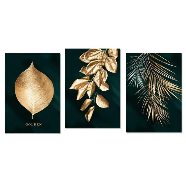 Golden Leaf Wall Art Minimalist Nordic Tropical Plants Fine Art Canvas Prints Pictures For Living Room Dining Room Art Decor | Bowlift