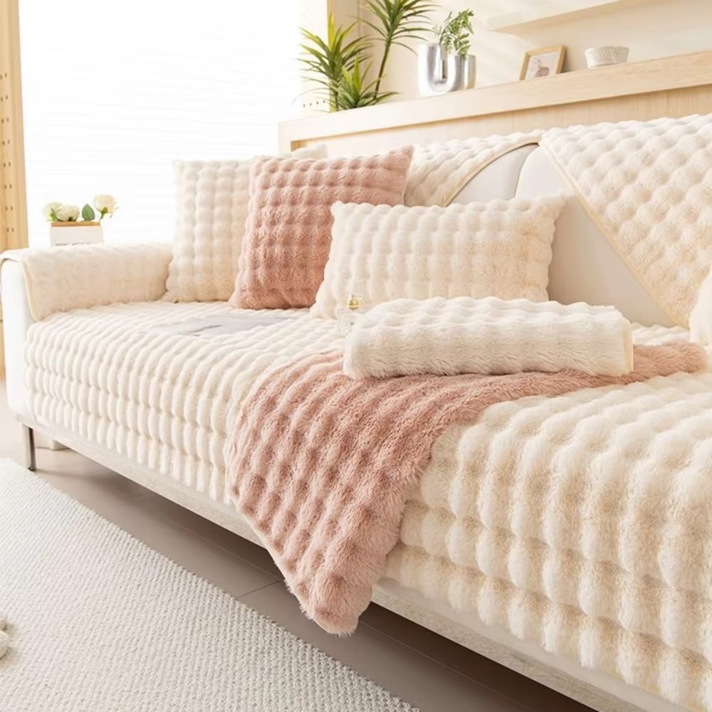BowLift | Plush Bubble-Textured Faux Rabbit Fur Sofa Slipcover - Non-Slip Couch Cushion Cover for Living Room
